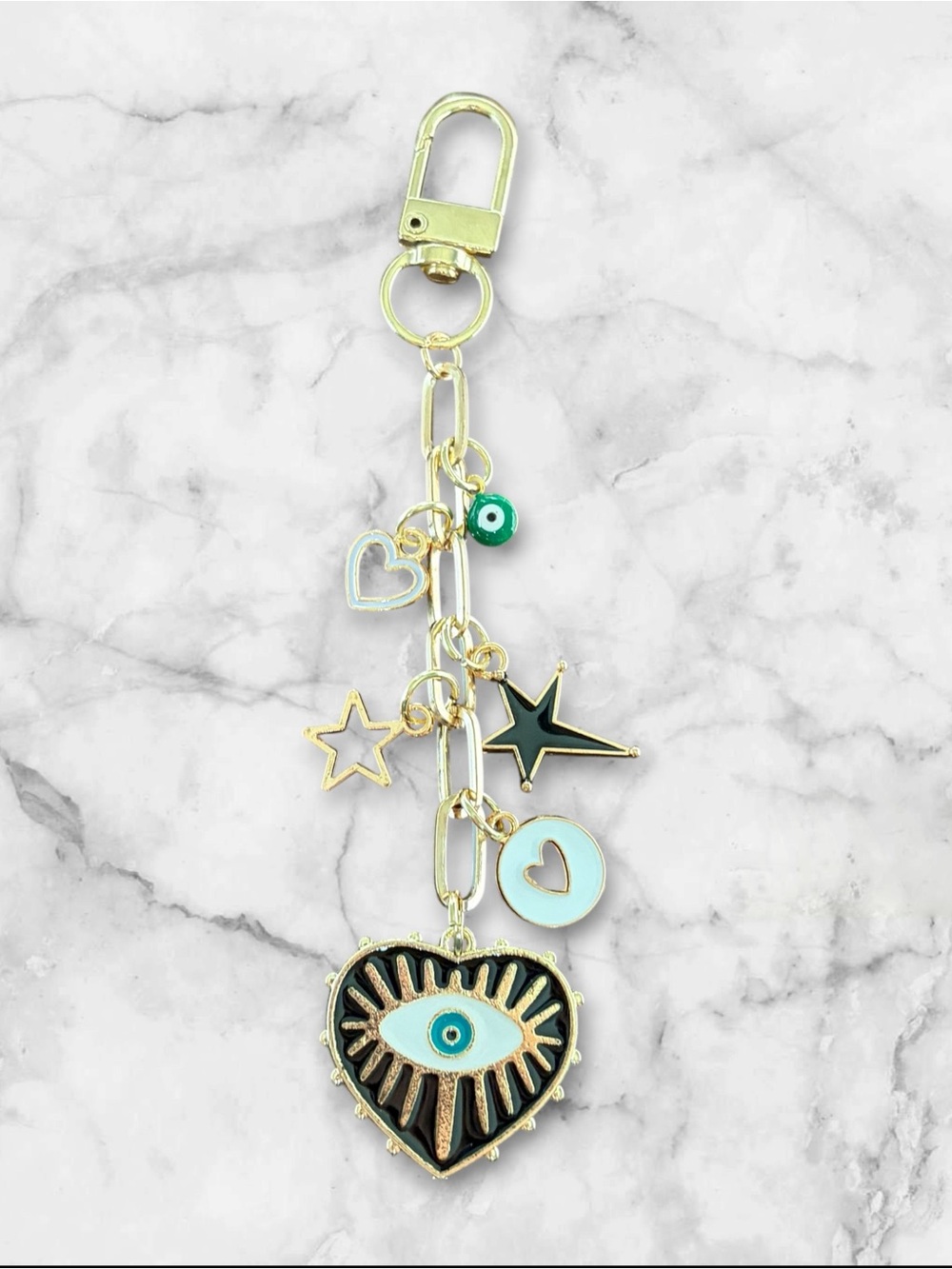 Gold Heart Evil Eye Charm Keychain with Black & Turquoise Accents